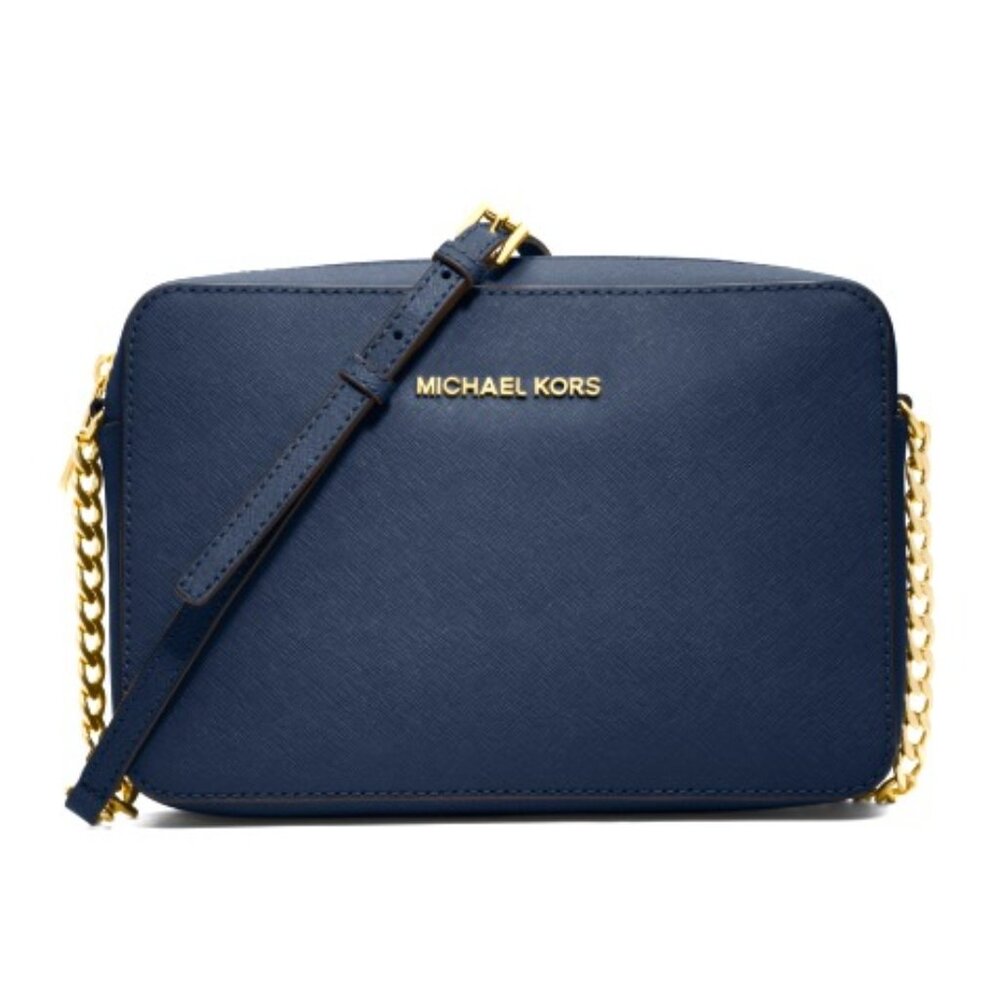 Michael Kors Jet Set Purse Crossbody Navy Blue NWOT Double Pocket Gold Chain